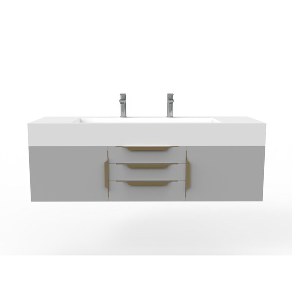 Castello Usa Nile 60" Wall Mounted Gray Vanity With White Top And Gold Handles CB-MC-60G-GLD-2053-WH - main